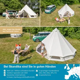 Ein großes, weißes Zelt steht auf einer Wiese. Umgeben sind Menschen, die an einem Tisch sitzen. Ein grünes Auto parkt in der Nähe. Bäume im Hintergrund.