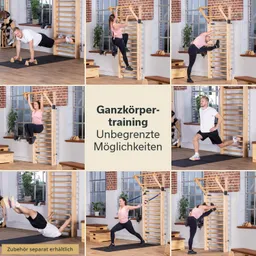 Collage mit sechs Bildern von Personen, die verschiedene Fitnessübungen an einem Holzgerüst ausführen.