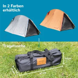 Zwei Zeltvarianten in grau und orange, darunter eine Tragetasche auf Gras mit Maßangaben.