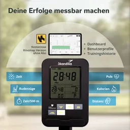 Display eines Trainingsgeräts mit Zählanzeigen für Zeit, Puls, Kalorien und Distanz. Hintergrund mit unscharfem Landschaftsmotiv.