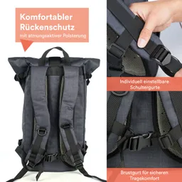 Rucksack mit atmungsaktiver Polsterung, individuell einstellbaren Schultergurten und Brustgurt für Tragekomfort.