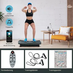 Person steht auf einem Vibrationsgerät in einem modernen Raum. Um das Gerät sind ein Smartphone, eine Fernbedienung, Trainingsbänder und ein Trainingsposter angeordnet.