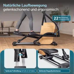 Ein Ellipsentrainer mit einer Person in Sportkleidung. Untere Bildhälfte zeigt Details wie die Fußstellungen und die Gleitschienen.