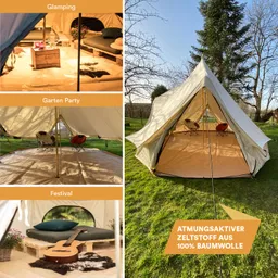 Zelt mit verschiedenen Nutzungsmöglichkeiten: Glamping-Innenansicht, Gartenparty im Freien und Festival-Ambiente, umgeben von Bäumen.