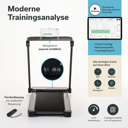 Laufband mit digitalem Display, Fernbedienung und Platz für ein Tablet. Informationen zu Trainingsergebnissen sind angezeigt.