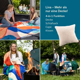 Zwei Personen sitzen auf einer bunten Decke in einem Zelt. In einem weiteren Bild lächelt eine Person, die sich mit einer Decke umhüllt, vor einem Feuer. Eine Gruppe sitzt um das Feuer in der Natur. Rechts sind Textinformationen über das Produkt zu sehen.