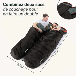Zwei Personen liegen in nebeneinanderliegenden Schlafsäcken. Die Schlafsäcke sind schwarz mit roten und grauen Details. An der Seite sind Maßangaben von 160 cm und 220 cm.