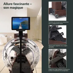 Rudergerät mit transparentem Wassertank, Tablethalterung und verstellbaren Fußstützen. Hintergrund zeigt einen modernen Raum.