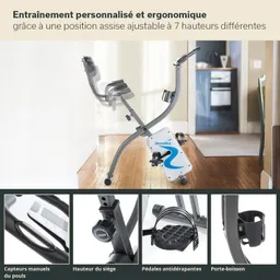Ergonomisches Fitnessgerät mit verstellbarem Sitz, Pedalen und Halterung für Getränke. In einem ansprechend belassteten Raum abgebildet.
