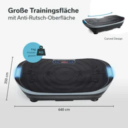 Vibrationsplatte mit Anti-Rutsch-Oberfläche. Maße: 640 cm x 350 cm, Gewicht: 9 kg. Anzeige auf der Oberfläche.