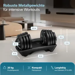 Metallgewichte in Schwarz auf einer Fläche, umgeben von einer modernen Wohnumgebung. Maße und Produktinformationen sind angegeben.