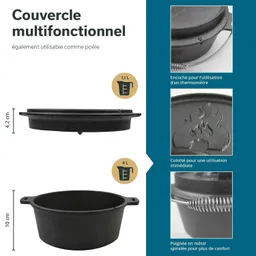 Multifunktionale, gusseiserne Pfanne mit einem Durchmesser von 10 cm. Zwei Ansichten: oben flach, unten mit Griffen und Thermometer-Einschnitt.