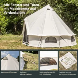 Zelt mit spitzem Dach und runden Fenstern in der Natur, umgeben von Bäumen. Zusätzlich Detailaufnahmen von Zeltfunktionen.