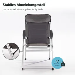 Grauer, gefütterter Liegestuhl mit stabilem Aluminiumgestell. Zentrales Gewicht von 5,1 kg ist angegeben.