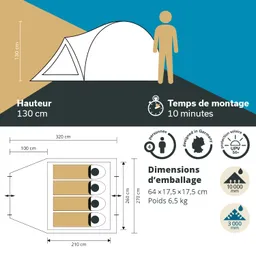 Zelt mit einer Höhe von 130 cm. Angaben zu Abmessungen, Montagezeit (10 Minuten) und Eigenschaften wie Wasserdichtigkeit.