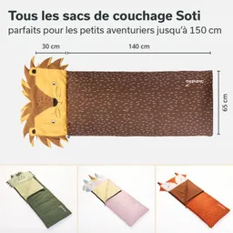 Schlafsäcke in Tierdesign: Ein Löwe, ein grüner Drache und ein Fuchs. Maße und Details sind sichtbar.