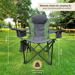 XL Campingstuhl mit grauem und grünem Stoff, Sitzhöhe 47 cm, Rückenlehne 105 cm, auf grünem Rasen platziert.