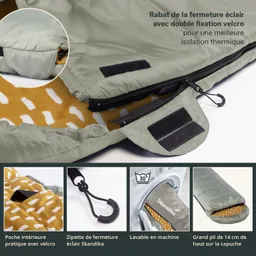 Schlafsack mit grünem Außenmaterial, orangefarbener Innenseite und Reißverschluss. Details: Klettverschluss und praktische Innentasche.