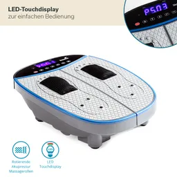 Massagegerät mit rotierenden Akupressur-Massagerollen und LED-Touchdisplay in der Mitte. Farbschema in Blau und Grau.