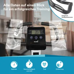 Display eines Trainingsgeräts mit verschiedenen Datenanzeigen wie Herzschlägen, Entfernung, Zeit, Kalorien und Geschwindigkeit.