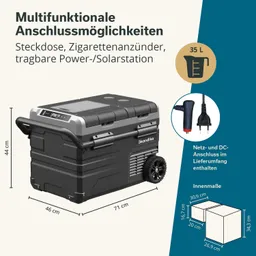 Tragbare Kühlbox mit abgerundeten Ecken, Griffen und Rädern. Beschriftung zu Anschlussmöglichkeiten und Innenmaßen.