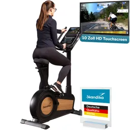 Widerstandsgerät von Skandika mit 10 Zoll HD-Touchscreen. Eine Person sitzt auf dem Gerät und trainiert.