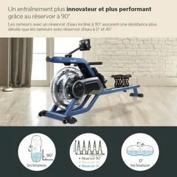 Rudergerät mit Wassertank, der in verschiedenen Positionen geneigt werden kann, auf einem Holzboden vor einer Wand.