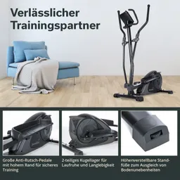 Kombination aus einem schwarzen Crosstrainer und einem modernen blauen Sofa mit Kissen und Decke vor einem hellen Hintergrund.
