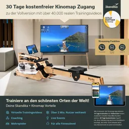 Wassertretgerät aus Holz mit Display, großem Fernseher im Hintergrund, Informationen zu Trainingsvideos und Streaming-Funktionen.