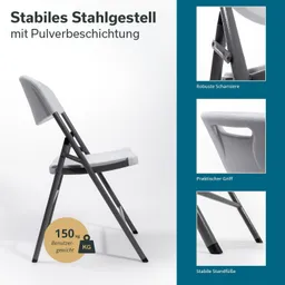 Faltstuhl mit stabilem Stahlgestell. Graue Sitz- und Rückenfläche, robuste Scharniere, praktischer Griff und stabile Standfüße.