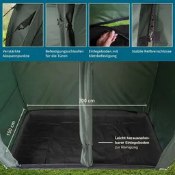 Zeltinnenansicht mit Maßangaben: 200 cm Länge und 150 cm Höhe. Einlegerboden mit Klettbefestigung und stabilen Reißverschlüssen.