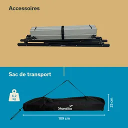 Transporttasche mit den Maßen 109 cm x 25 cm, Gewicht 6,2 kg, sowie einem Zubehörteil, das auf einer Halterung liegt.