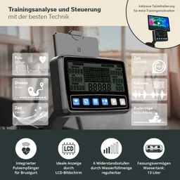 Display eines Fitnessgeräts mit Informationen zu Puls, Distanz, Zeit, Kalorien und Ruderzügen. LCD-Bildschirm mit Symbolen.