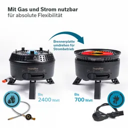 Zwei tragbare Kochgeräte in schwarz, eines für Gasbetrieb (bis 2400 Watt) und eines für Strom (bis 700 Watt).