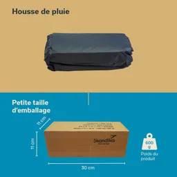 Wasserfeste Hülle auf der oberen Hälfte, darunter eine braune Pappe mit Maßen und Gewicht.