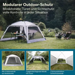Modularer Outdoor-Schutz mit Moskitonetz, Tischen und Stühlen im Freien in einer grünen Umgebung.