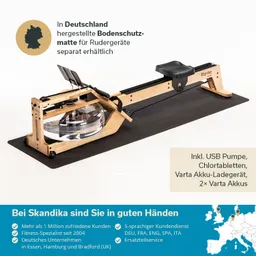 Bodenschutzmatte für Rudergeräte, Holzrahmen mit Wasserbehälter, ergänzende Texte zu Produkten und Dienstleistungen.