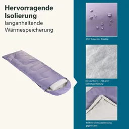 Schlafsack in lila mit Reißverschluss und Innenpolsterung. Neben dem Schlafsack sind Informationen zu Materialien und Eigenschaften dargestellt.