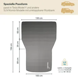 Grau unterlegte Matte mit Maßen und Hinweis auf spezielle Passform für SUV/Kombis, Gewicht 4,8 kg, in technischen Maßangaben.