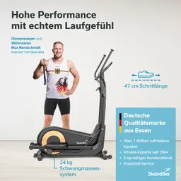 Fitnessgerät mit integriertem Schwungrad und einer Person in Sportbekleidung, die eine Medaille hält. Textinfos über Produktmerkmale.