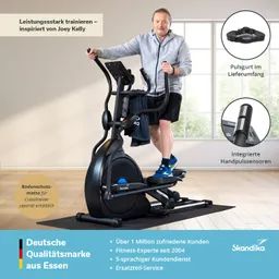 Crosstrainer in einem Raum mit Fenster, Person steht darauf, trägt Sportkleidung. Hinweise auf Pulsuhr und Handpulssensoren.