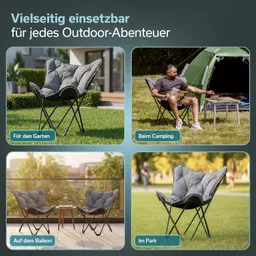Sitzgelegenheiten in verschiedenen Umgebungen: Garten, Camping, Balkon und Park. Die Stühle sind faltbar und bequem.