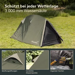 Zelt in dunkelgrün auf einer Wiese, umgeben von Bäumen. Detailansichten: Belüftungsöffnungen, verstärkte Abspannpunkte, Taschen im Innenraum.