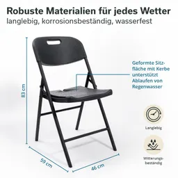 Faltstuhl aus schwarzem Material mit Maßen: Höhe 83 cm, Breite 59 cm, Tiefe 46 cm. Geformte Sitzfläche.