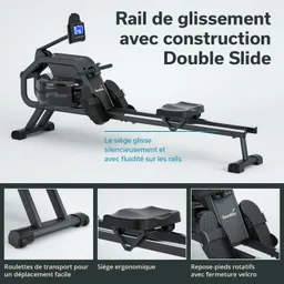 Rudermaschine mit Sitz, der auf Schienen gleitet. Pedale mit Klettverschluss und ergonomischem Design. Transportrollen vorhanden.