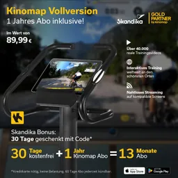 Fahrradtrainer mit Bildschirm, Anzeige von Trainingsvideos und Angebotsinfos zu einem Kinomap-Abonnement.