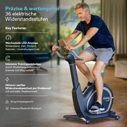 Bildschirm mit einem Smartphone auf einem Fitnessgerät, das Landschaftsaufnahmen zeigt. Text über Kinomap-Zugang und Streaming-Funktionen.