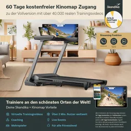 Laufband in einem modernen Raum mit Fernseher im Hintergrund, der eine Landschaft zeigt. Informationen über Kinomap-Zugang und Vorteile.