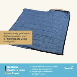 Blaues Deckenmotiv mit geöffneter Tasche und einfarbiger Oberkante. Text und Logos unten rechts.