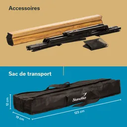 Zwei Abschnitte: oben Zubehörteile mit Holz- und Metallkomponenten, unten ein schwarzer Transportbeutel mit Maßen und Logo.